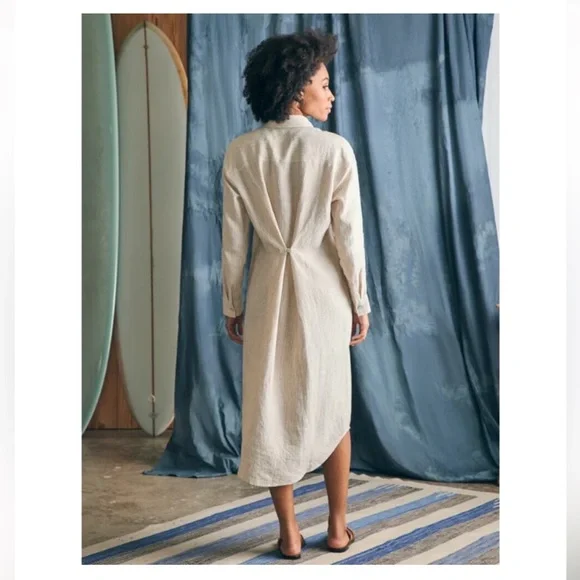 Faherty linen striped duster style midi T-shirt dress size medium khaki white - Picture 3 of 8